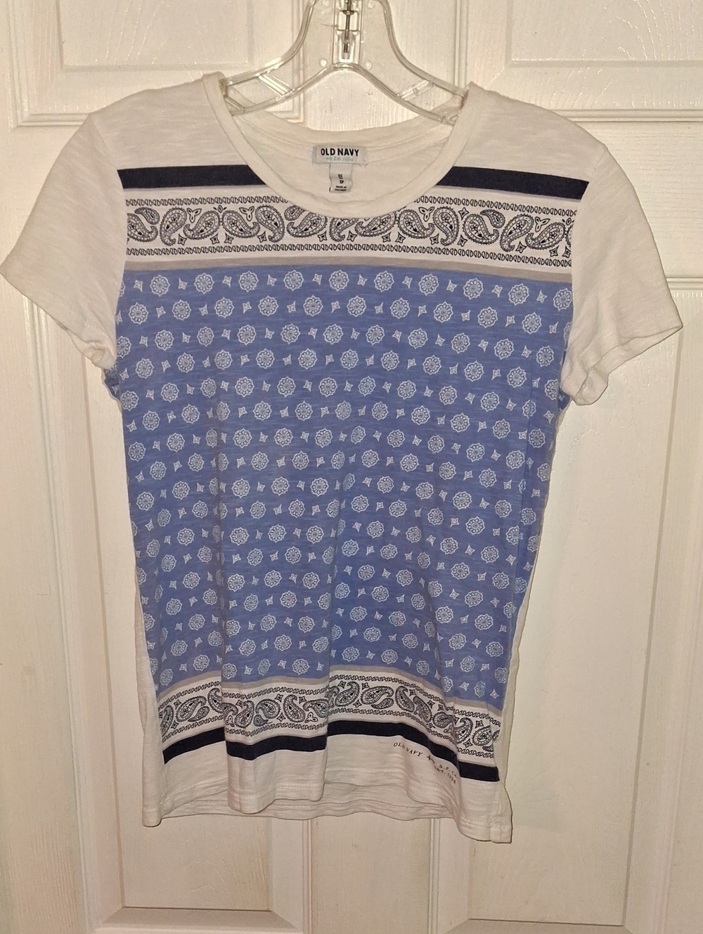 Old Navy White & Light Blue Paisley-Panel Short Sleeve Tee